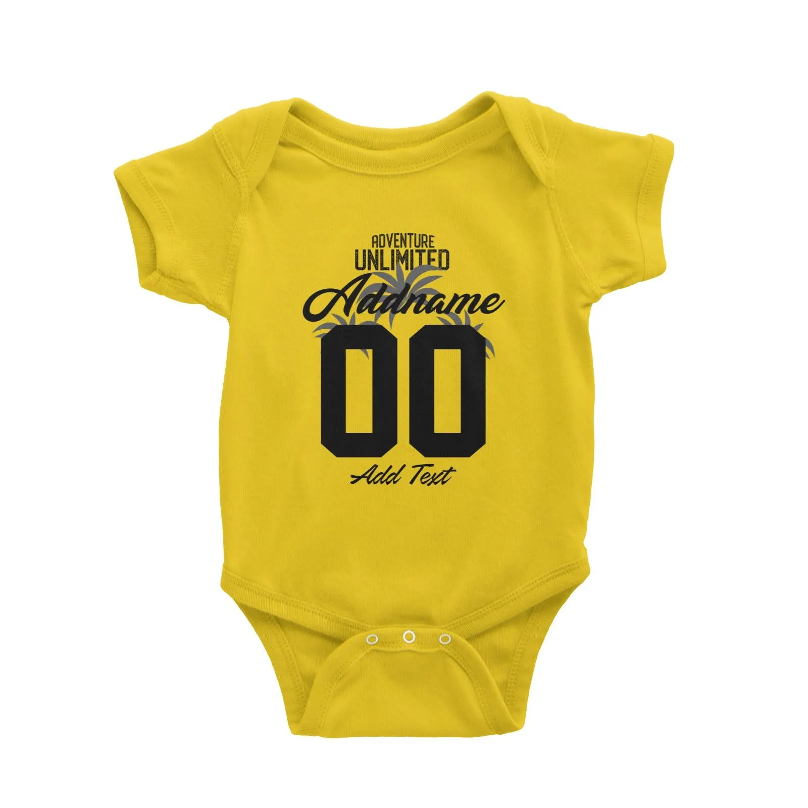 Adventure Unlimited with Grey Leaves Personalizable with Name Number and Text Baby Romper