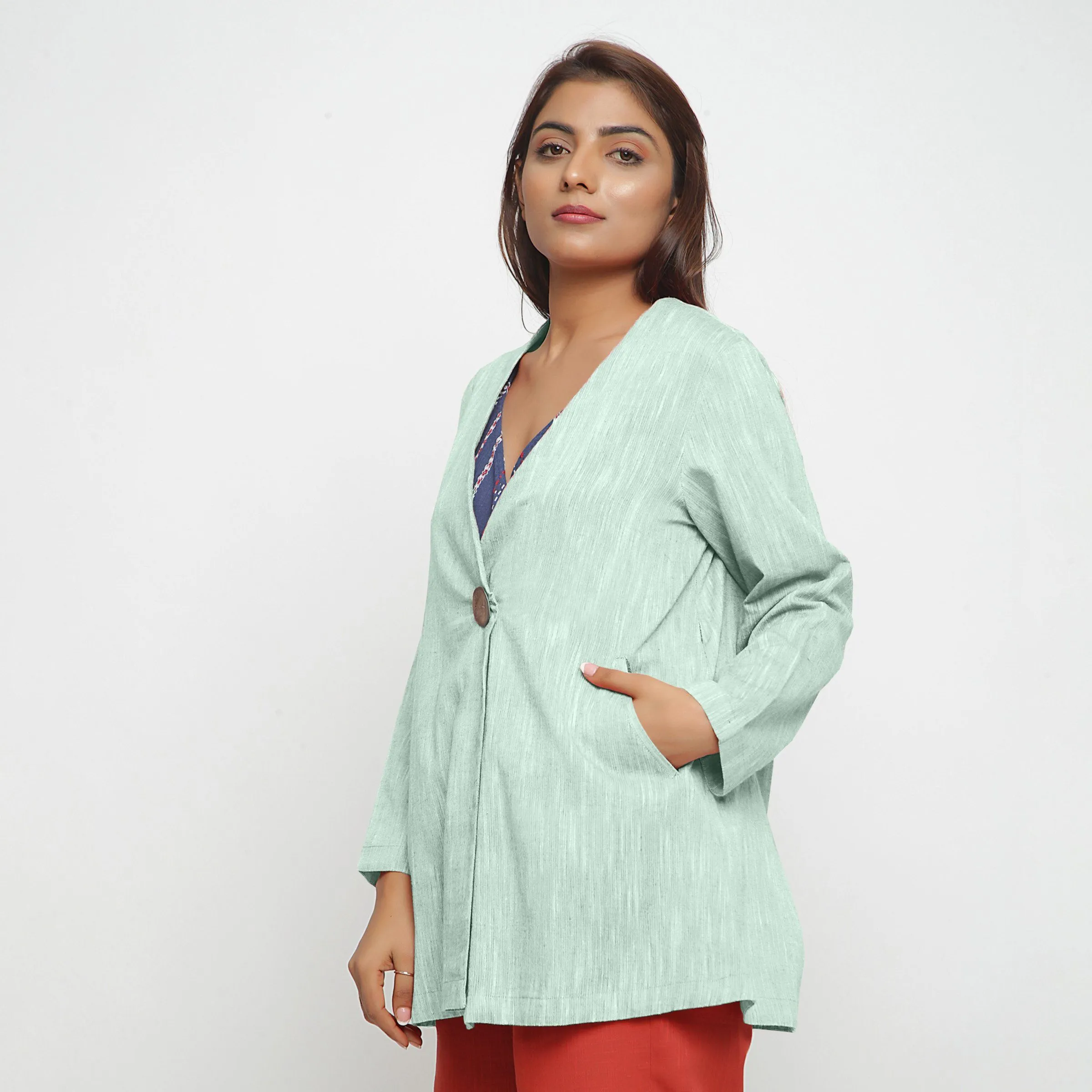 Aqua Yarn Dyed 100% Cotton Flared Short Jacket