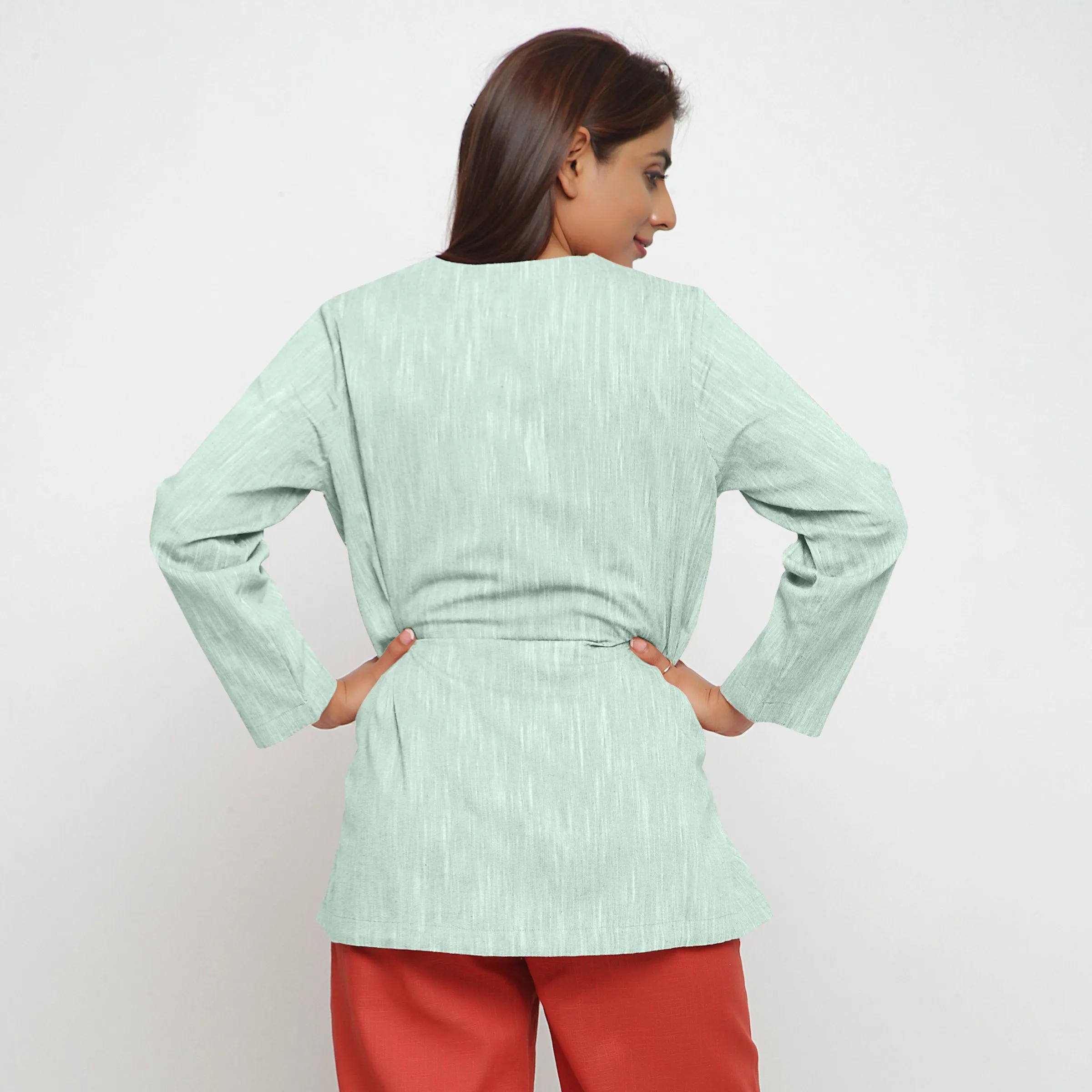 Aqua Yarn Dyed 100% Cotton Flared Short Jacket