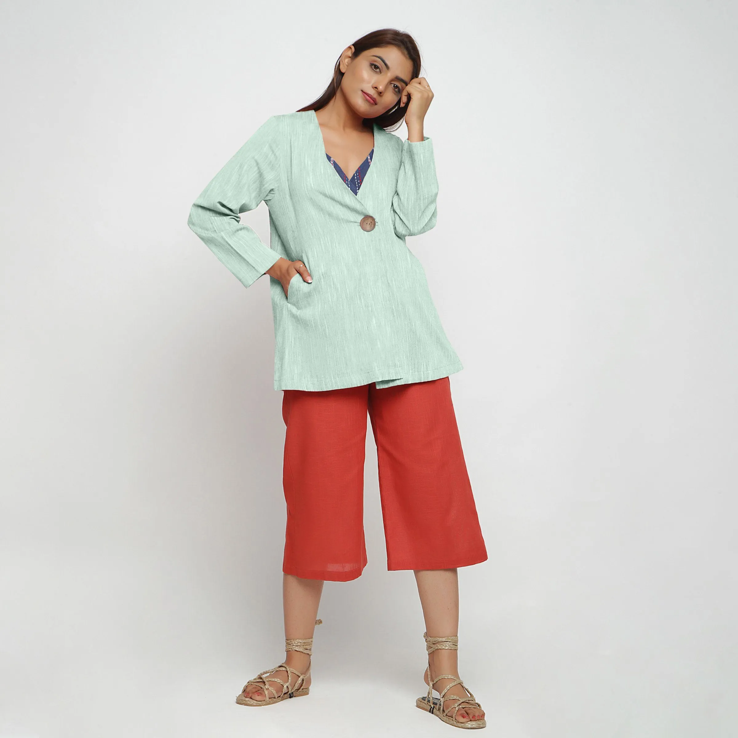Aqua Yarn Dyed 100% Cotton Flared Short Jacket