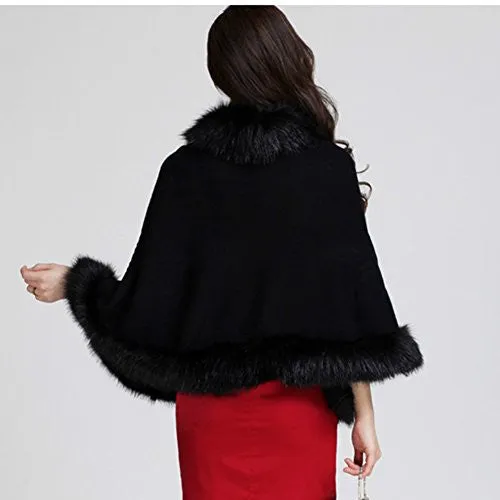 Artfasion Women Faux Fur Trim Bat Cardigan Cape Poncho Cloak Shawl Coat, Black, One Size