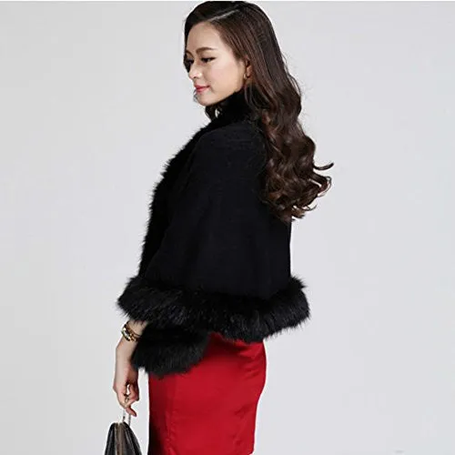 Artfasion Women Faux Fur Trim Bat Cardigan Cape Poncho Cloak Shawl Coat, Black, One Size