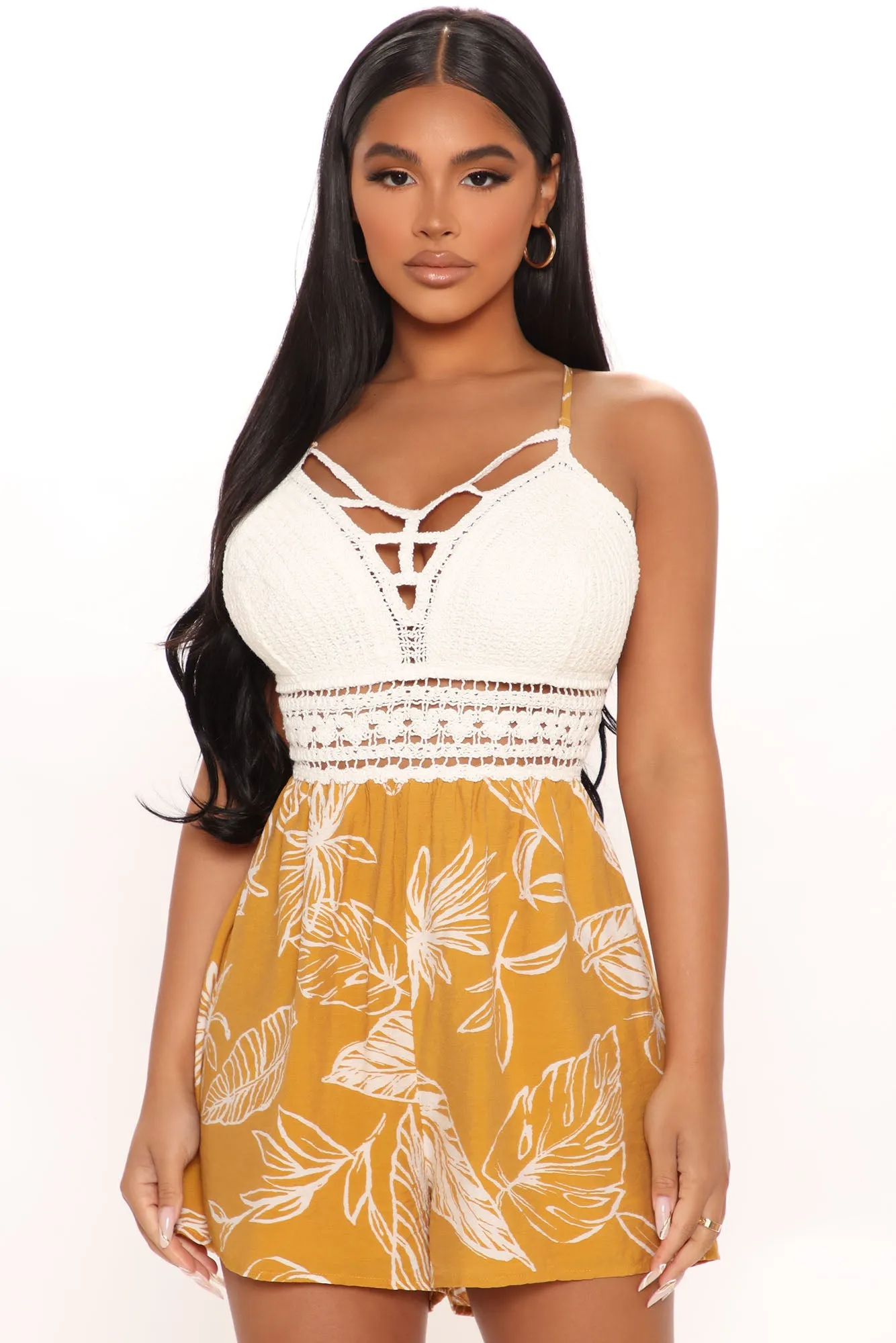 Aruba Vibes Printed Romper - Mustard