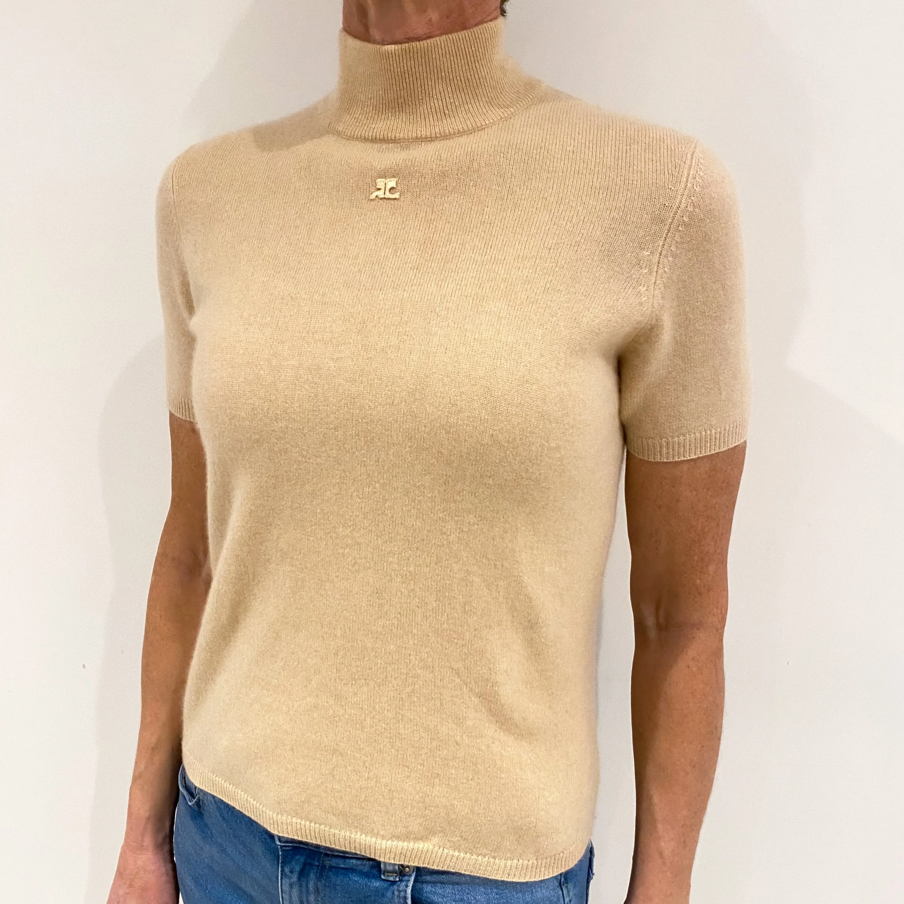 Beige Cashmere Short Sleeved Turtle Neck Jumper Small