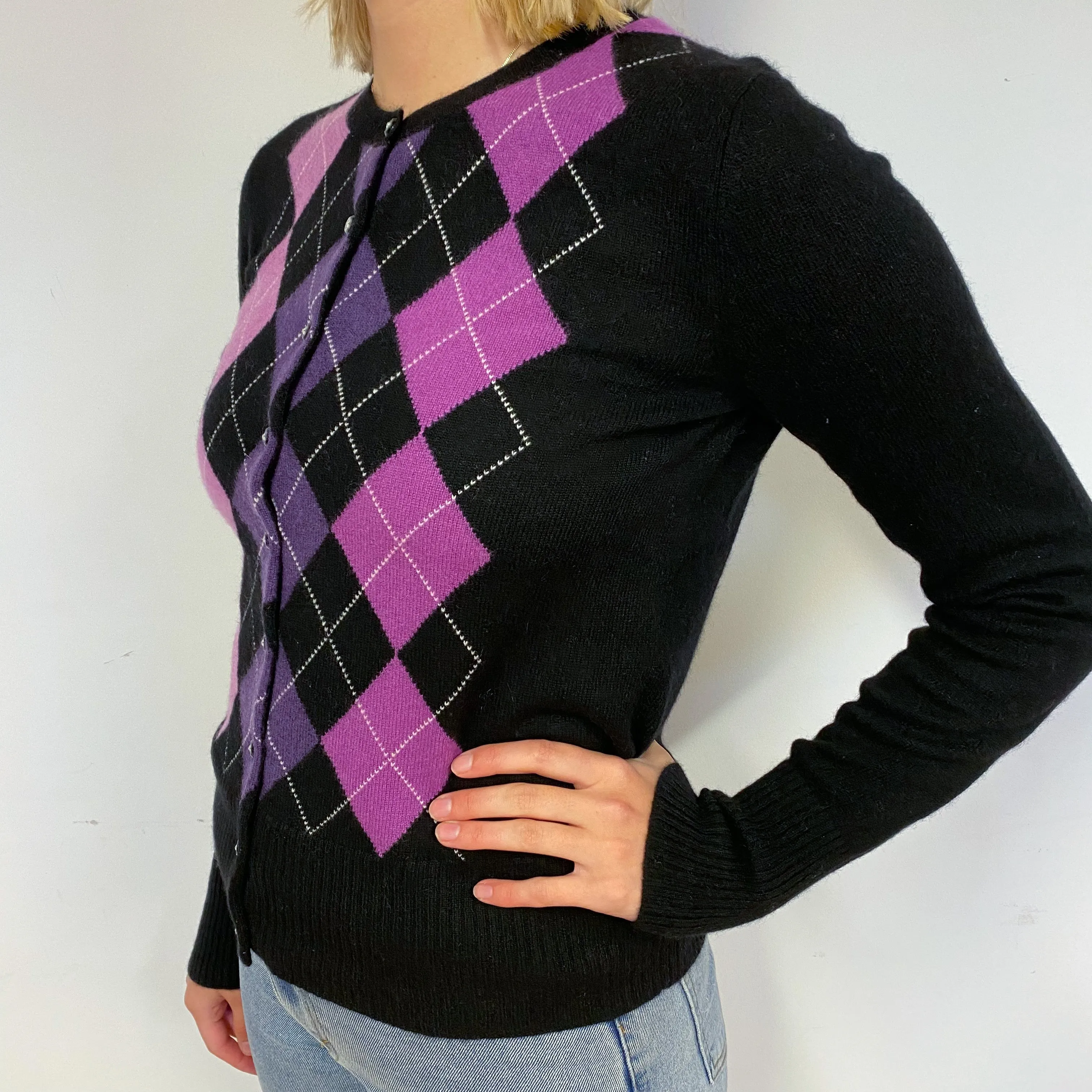 Black Argyle Cashmere Cardigan Small