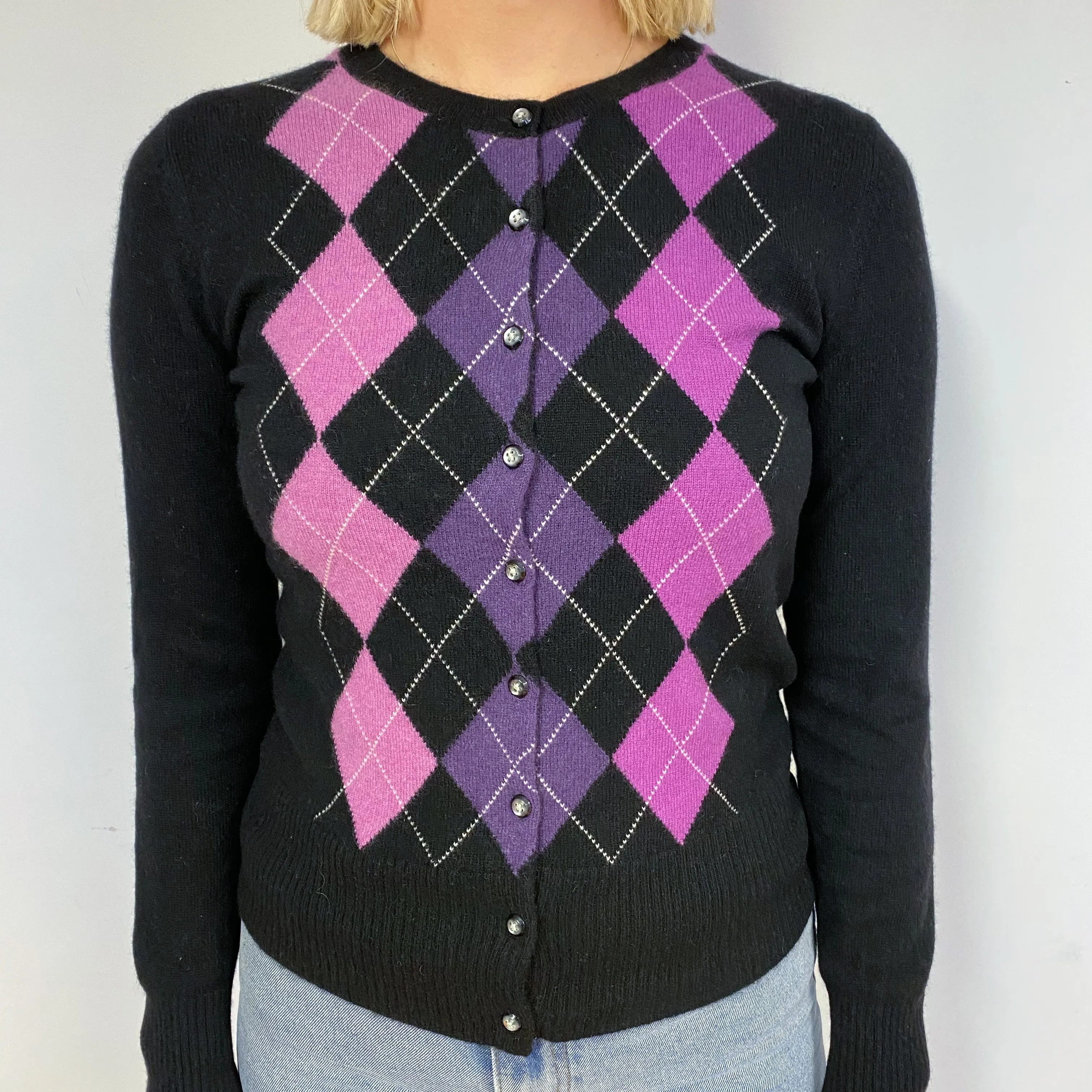 Black Argyle Cashmere Cardigan Small