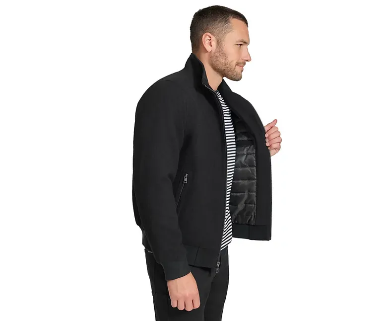 Calvin Klein Men's Wool Bomber Jacket With Knit Trim Black Small