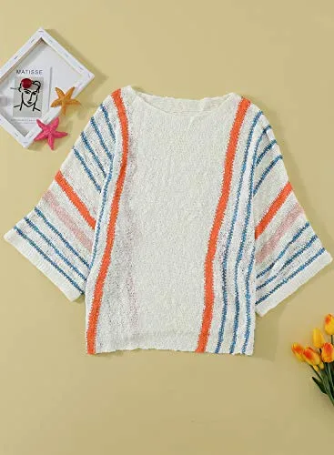 Dokotoo Womens Ladies Plus Size Cute Casual Summer Fall 2023 Crewneck Color Block Striped Wide 3/4 Sleeve Oversized Lightweight Comfy Cozy Cable Knit Beach Pullover Sweaters for Women Tops Shirts 2XL