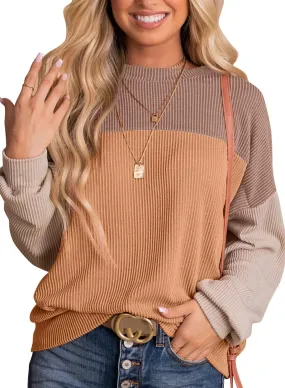 Dokotoo Womens Pullover Shirts Ladies Crewneck Long Sleeve Colorblock Tunics Blouses Spring Summer Casual Loose Jumper Tops Fall Fashion Knitted Tops Resort Wear for Women 2025 Khaki Medium