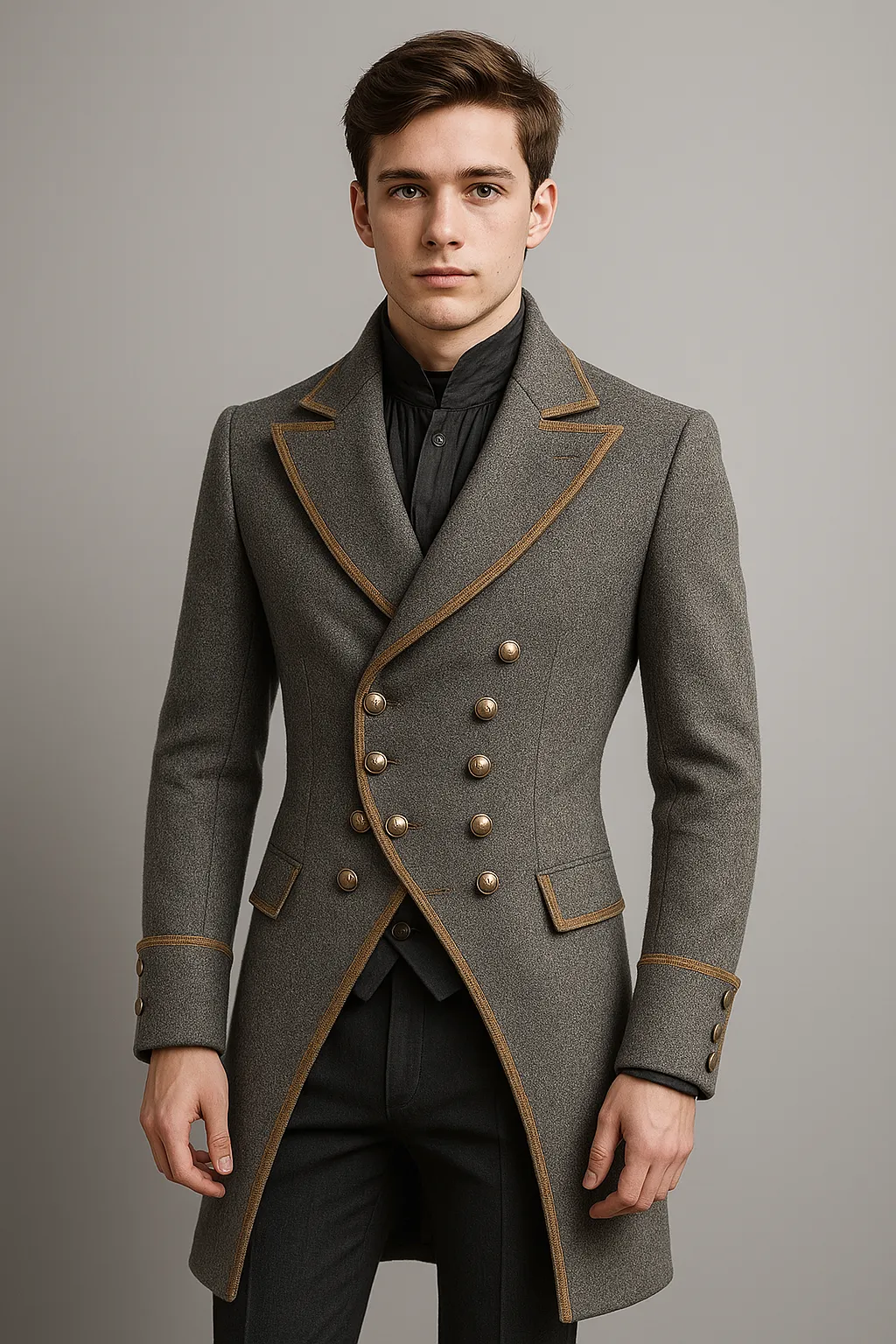 Gray Regency Men's Tailcoat with Gold Trim - Bridgerton-Inspired Double-Breasted Jacket Plus Size