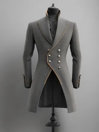 Gray Regency Men's Tailcoat with Gold Trim - Bridgerton-Inspired Double-Breasted Jacket Plus Size