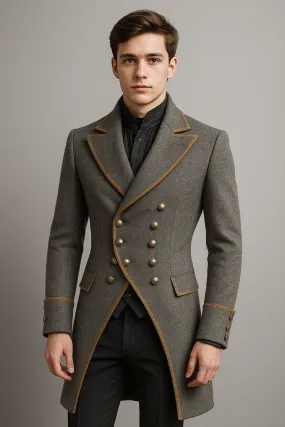 Gray Regency Men's Tailcoat with Gold Trim - Bridgerton-Inspired Double-Breasted Jacket Plus Size