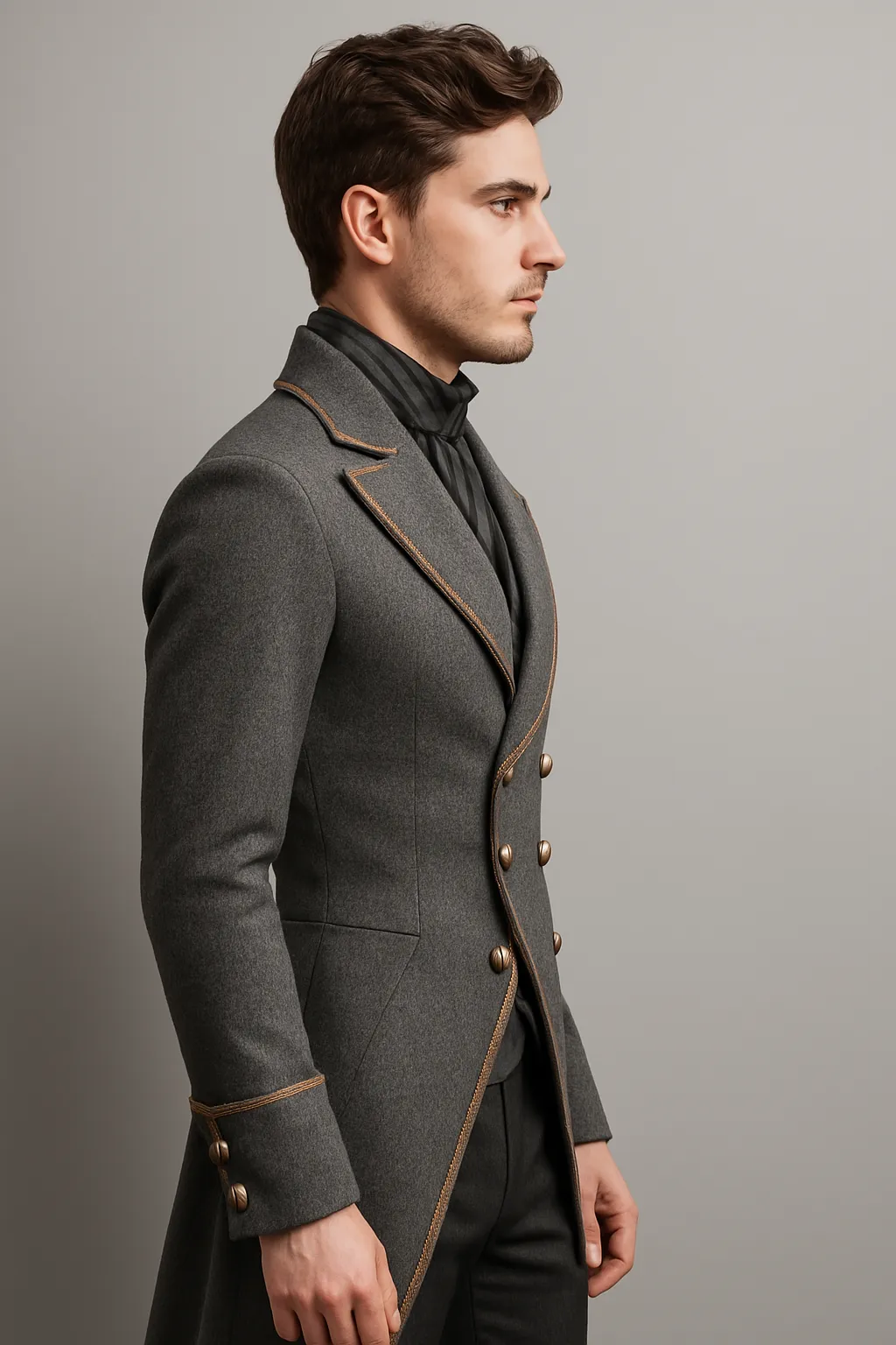 Gray Regency Men's Tailcoat with Gold Trim - Bridgerton-Inspired Double-Breasted Jacket Plus Size