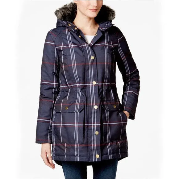 Tommy Hilfiger Faux Fur Trim Hooded Plaid Parka Coat S NWT! $198.50