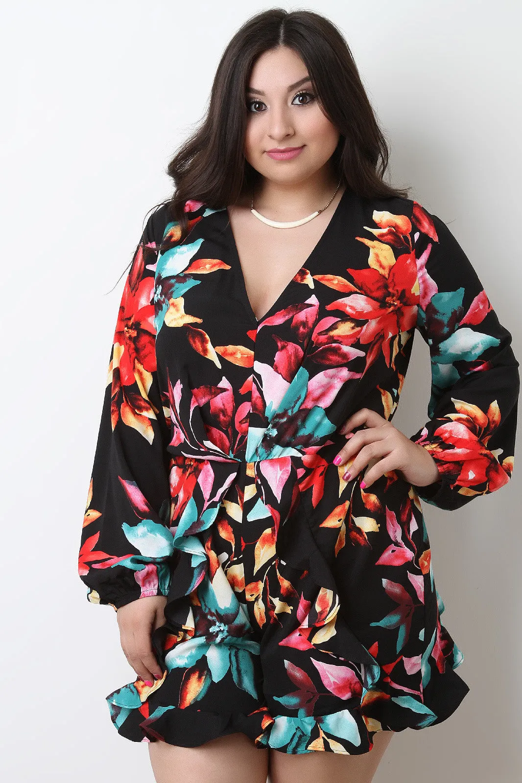Tropical Floral Ruffle V-Neck Romper