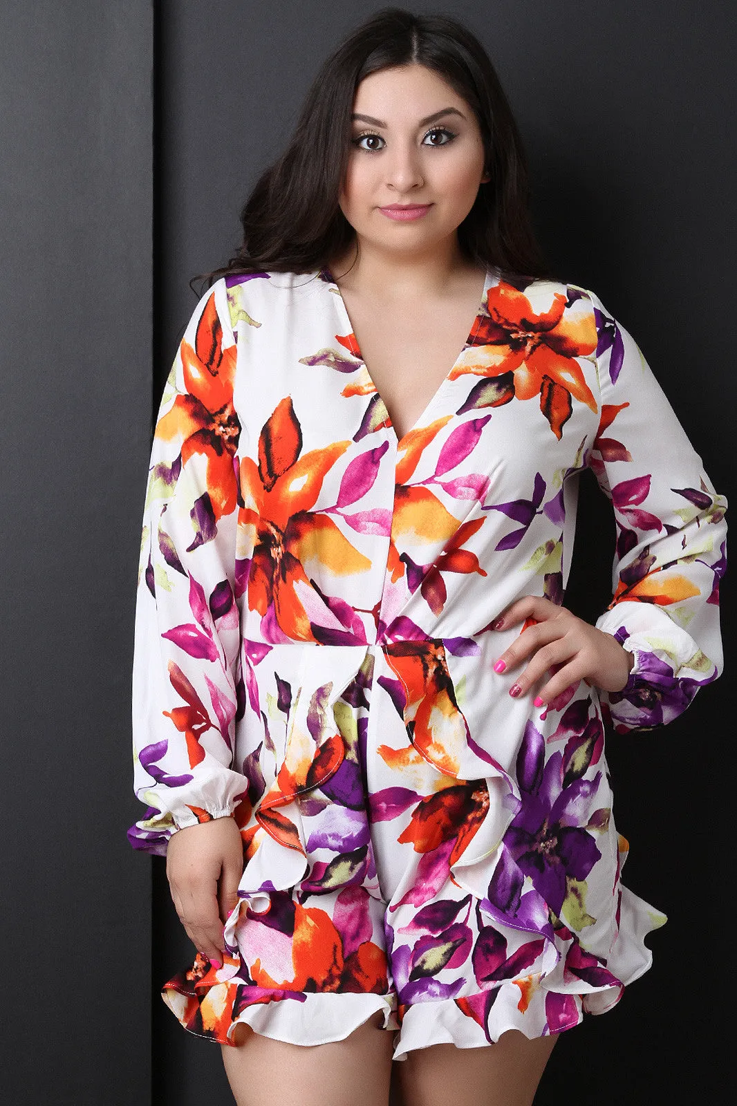 Tropical Floral Ruffle V-Neck Romper