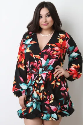 Tropical Floral Ruffle V-Neck Romper