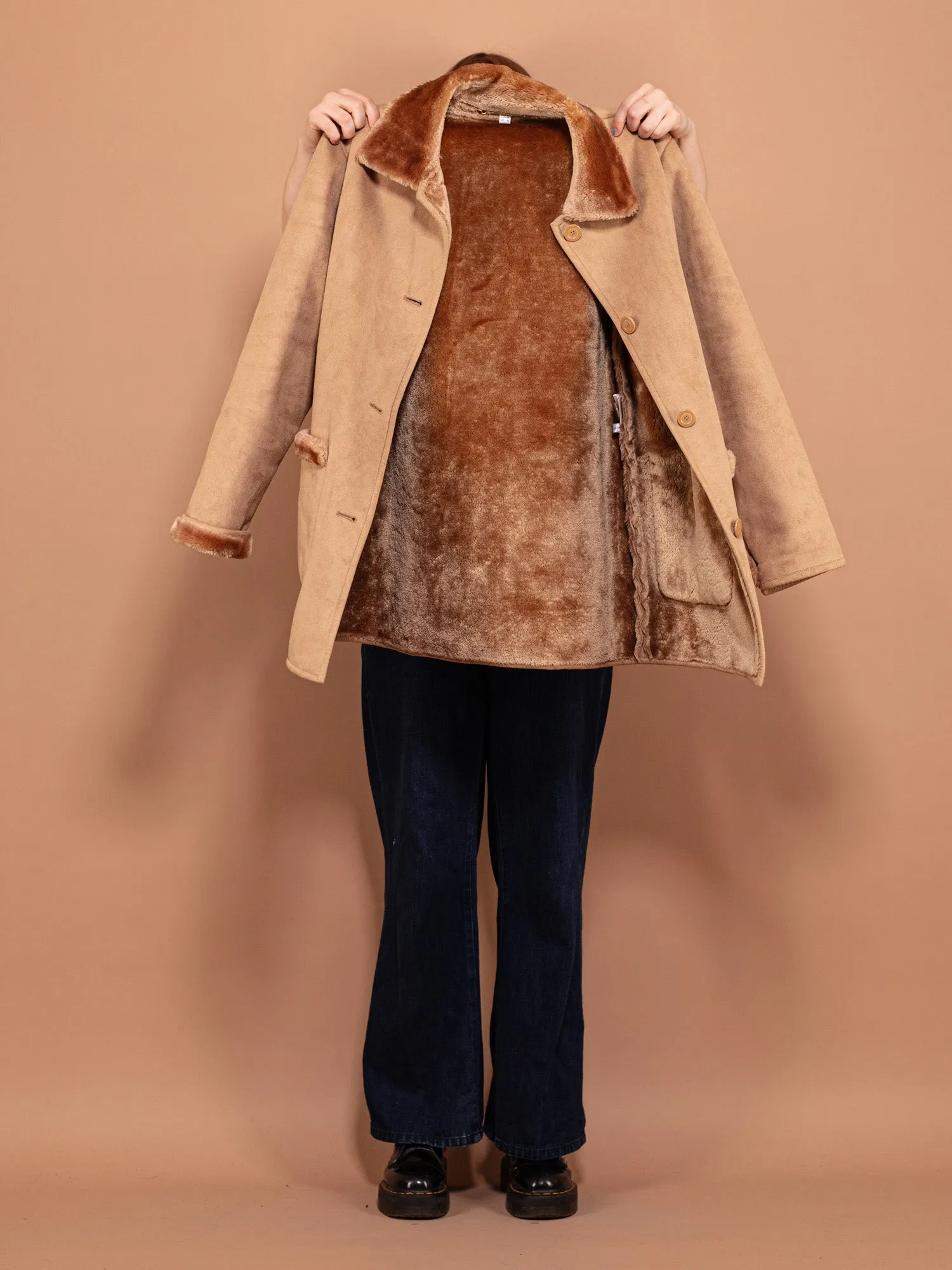 Vintage 00's Women Faux Fur Lined Winter Coat in Beige