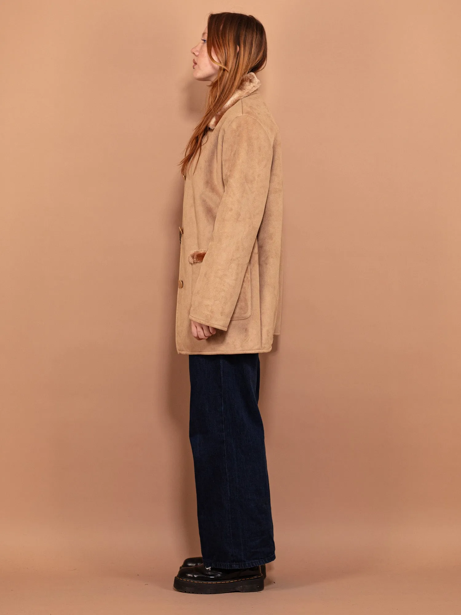 Vintage 00's Women Faux Fur Lined Winter Coat in Beige
