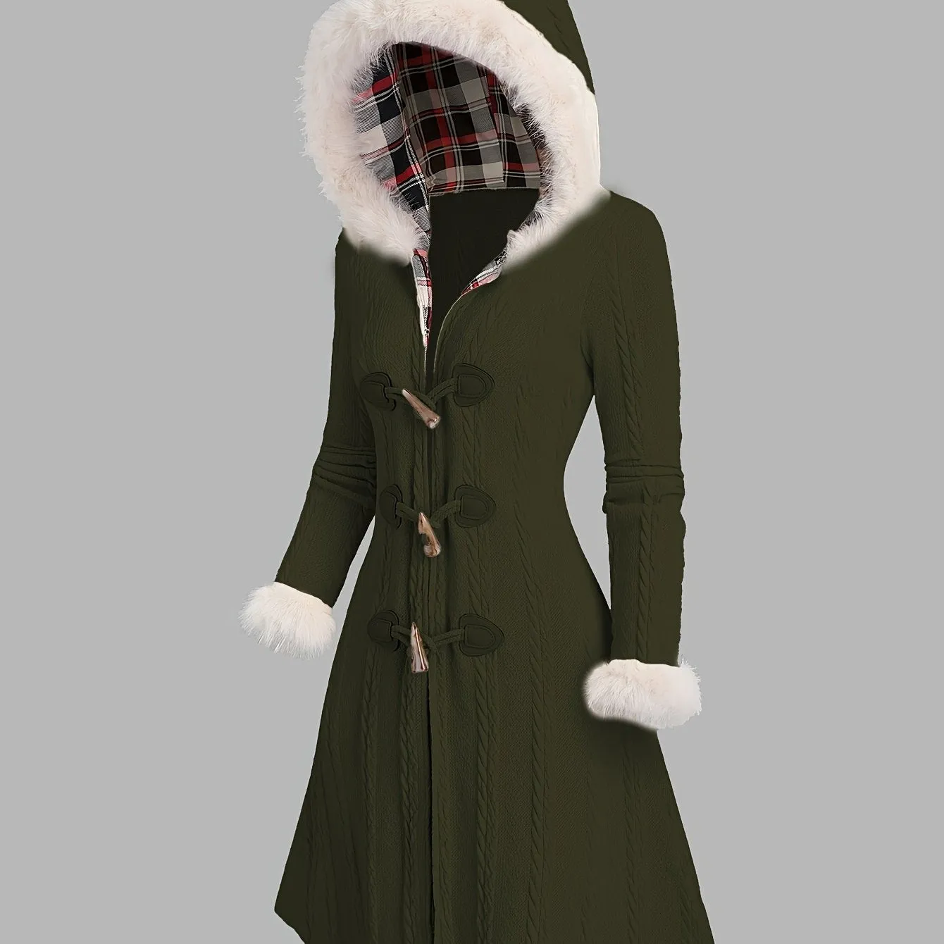 Y2K Plaid Hooded Knit Coat with Faux Fur Trim, Horn Buttons, Long & Warm