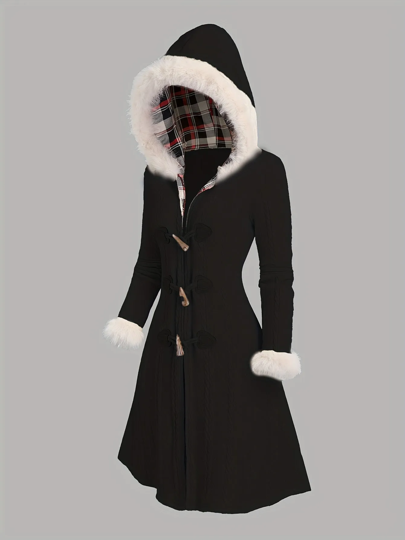 Y2K Plaid Hooded Knit Coat with Faux Fur Trim, Horn Buttons, Long & Warm