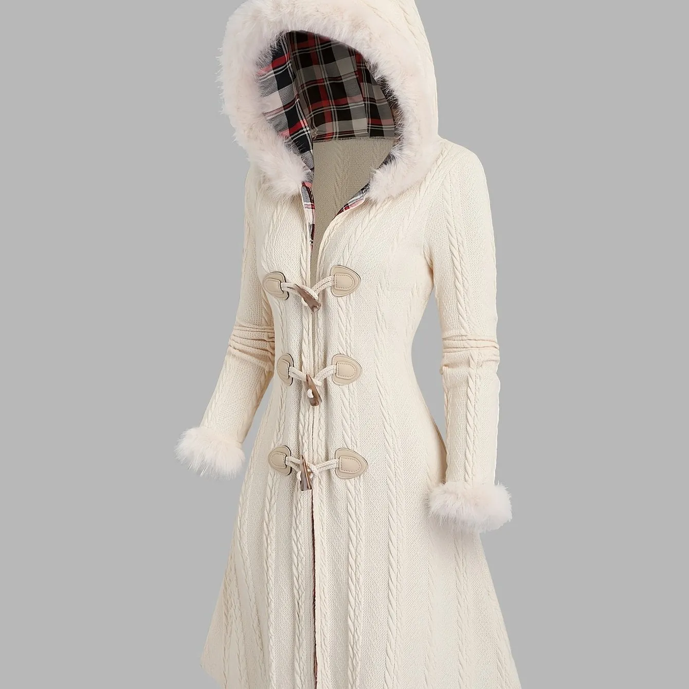 Y2K Plaid Hooded Knit Coat with Faux Fur Trim, Horn Buttons, Long & Warm