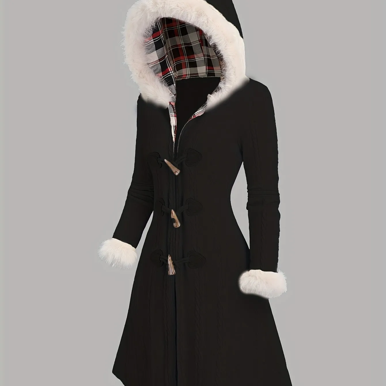 Y2K Plaid Hooded Knit Coat with Faux Fur Trim, Horn Buttons, Long & Warm