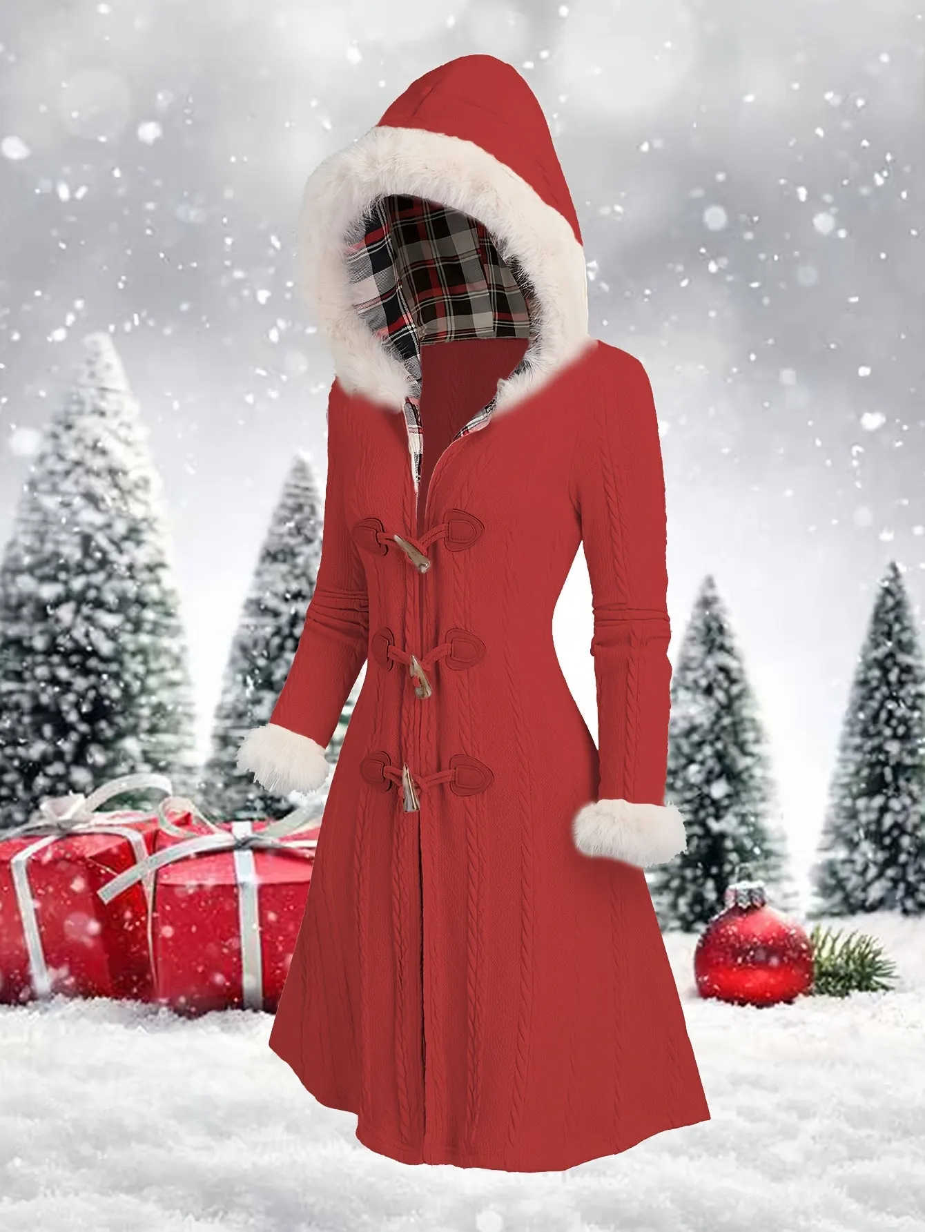 Y2K Plaid Hooded Knit Coat with Faux Fur Trim, Horn Buttons, Long & Warm