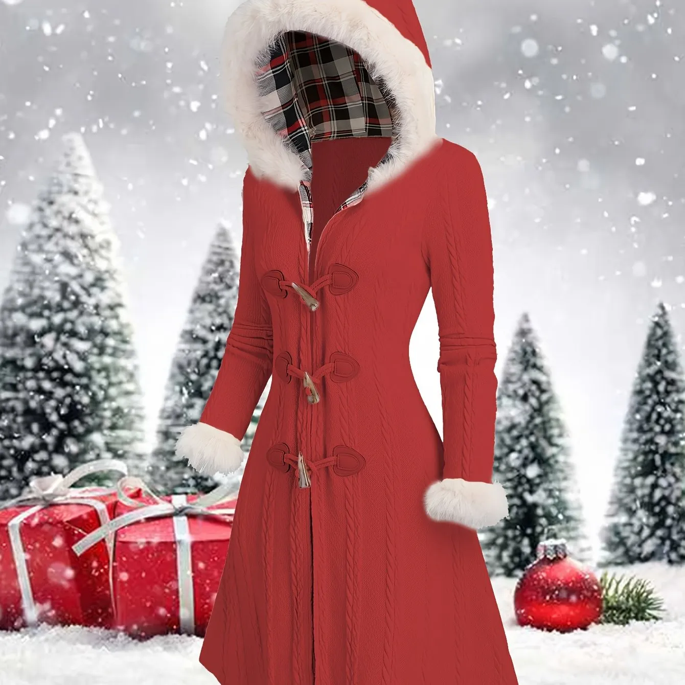 Y2K Plaid Hooded Knit Coat with Faux Fur Trim, Horn Buttons, Long & Warm