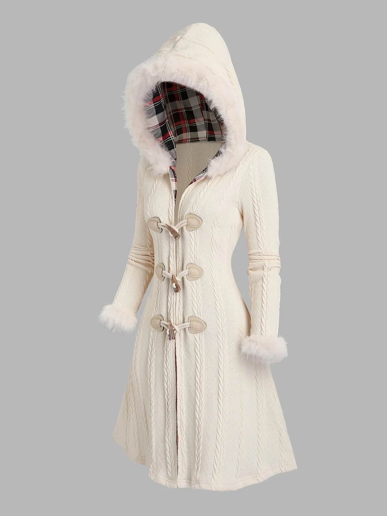 Y2K Plaid Hooded Knit Coat with Faux Fur Trim, Horn Buttons, Long & Warm