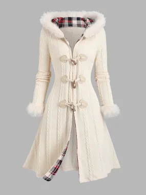 Y2K Plaid Hooded Knit Coat with Faux Fur Trim, Horn Buttons, Long & Warm