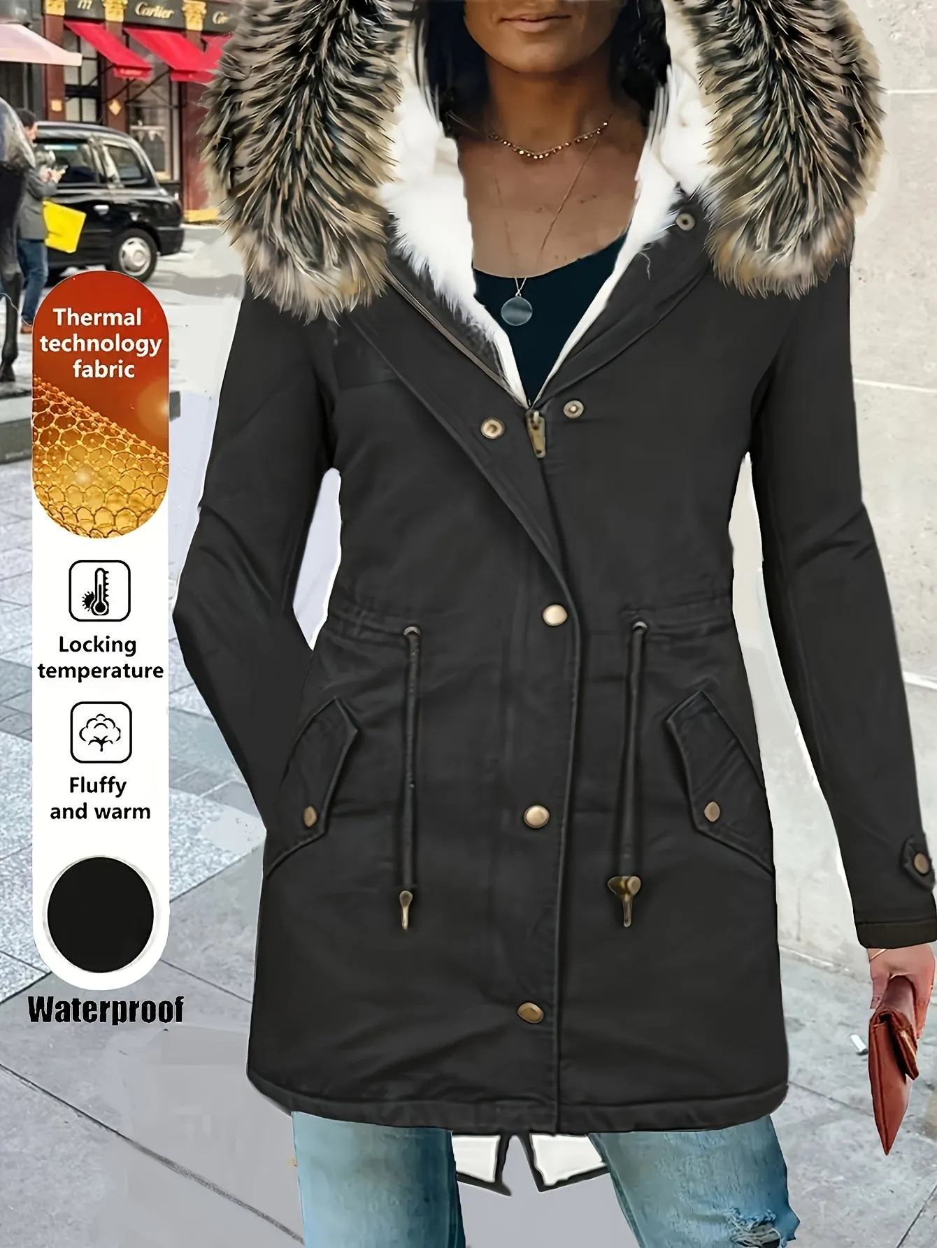 Zip-up Fuzzy Trim Hoodie Coat, Casual Faux Fur Lined, Drawstring Waist