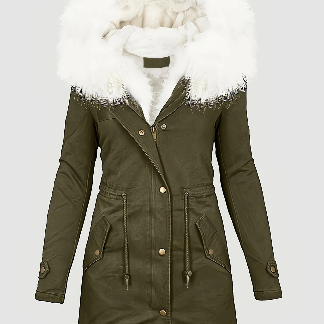 Zip-up Fuzzy Trim Hoodie Coat, Casual Faux Fur Lined, Drawstring Waist