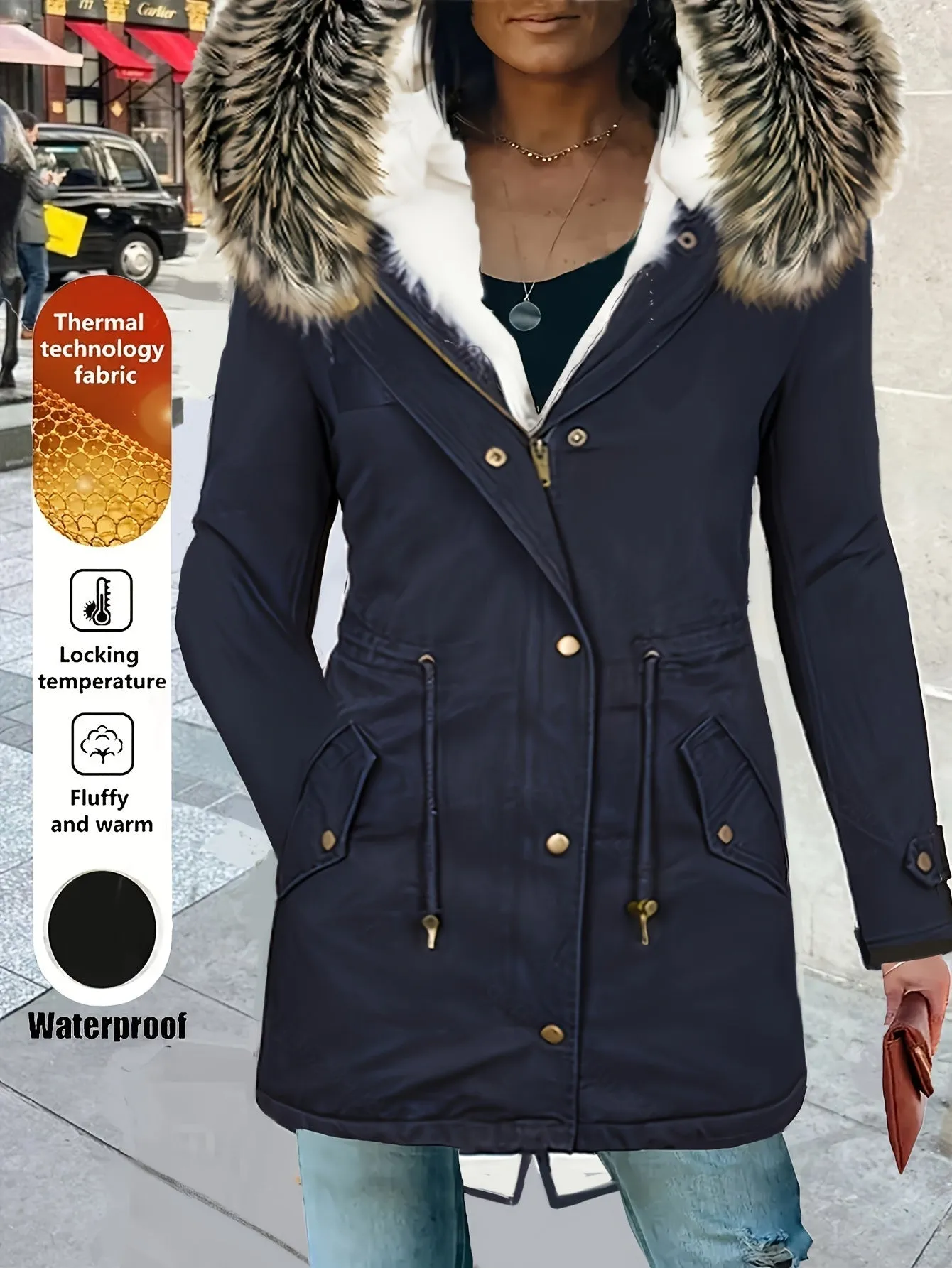 Zip-up Fuzzy Trim Hoodie Coat, Casual Faux Fur Lined, Drawstring Waist