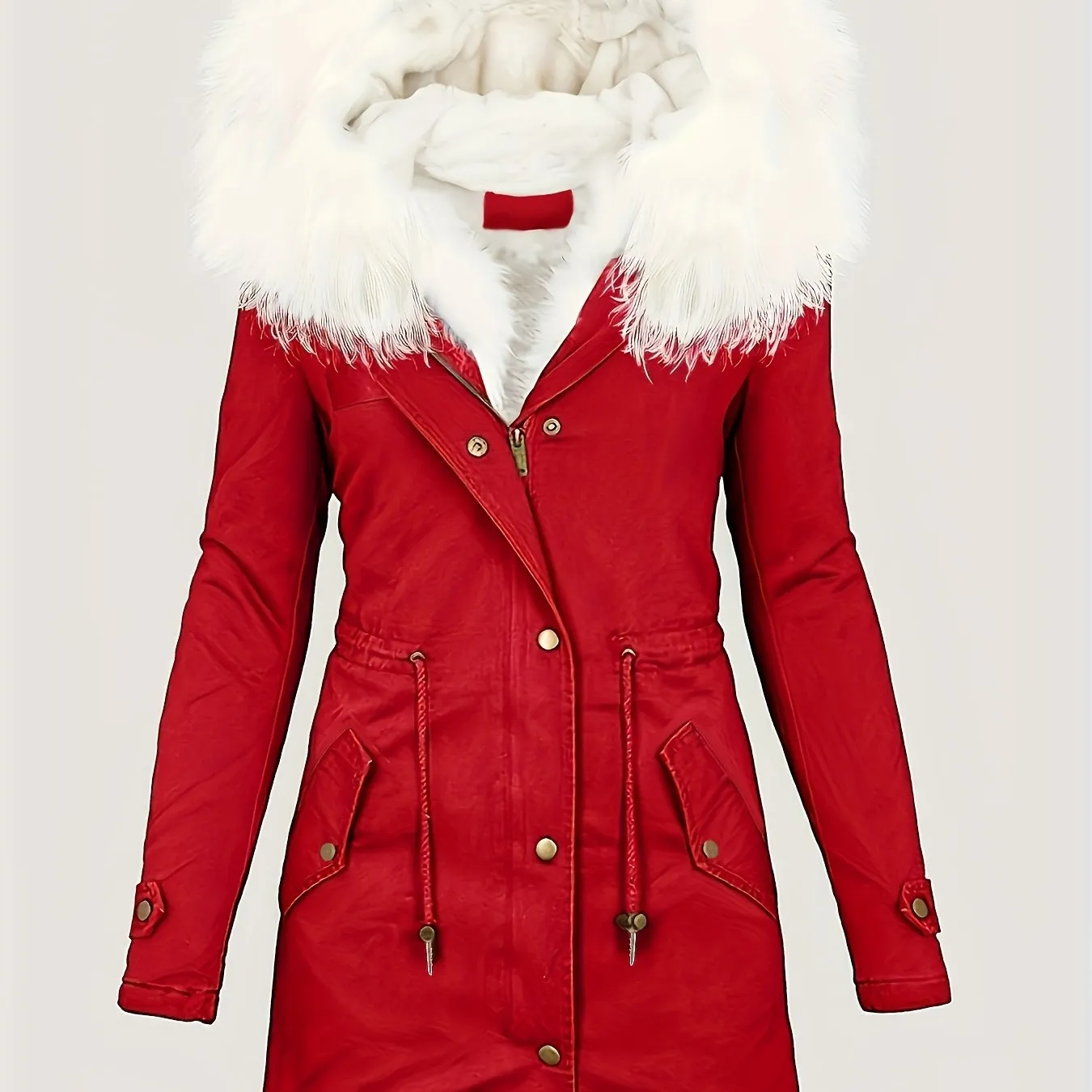 Zip-up Fuzzy Trim Hoodie Coat, Casual Faux Fur Lined, Drawstring Waist