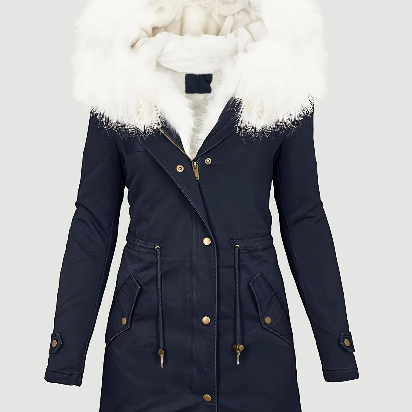 Zip-up Fuzzy Trim Hoodie Coat, Casual Faux Fur Lined, Drawstring Waist