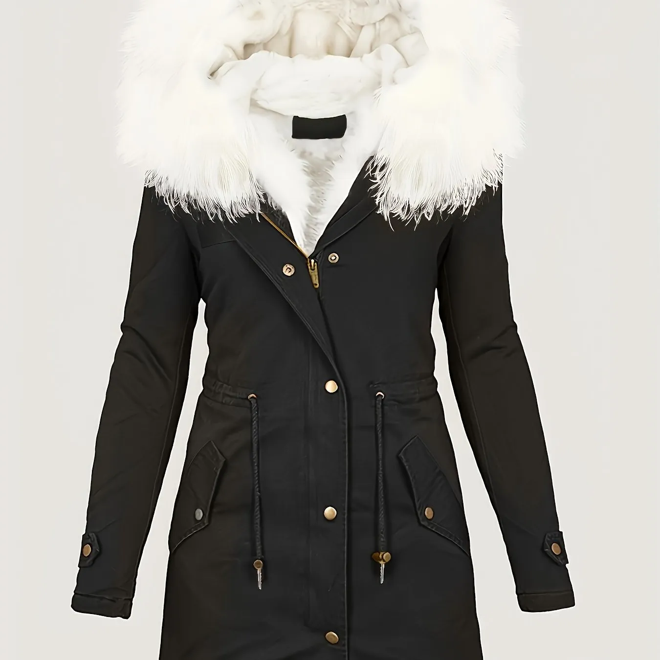 Zip-up Fuzzy Trim Hoodie Coat, Casual Faux Fur Lined, Drawstring Waist